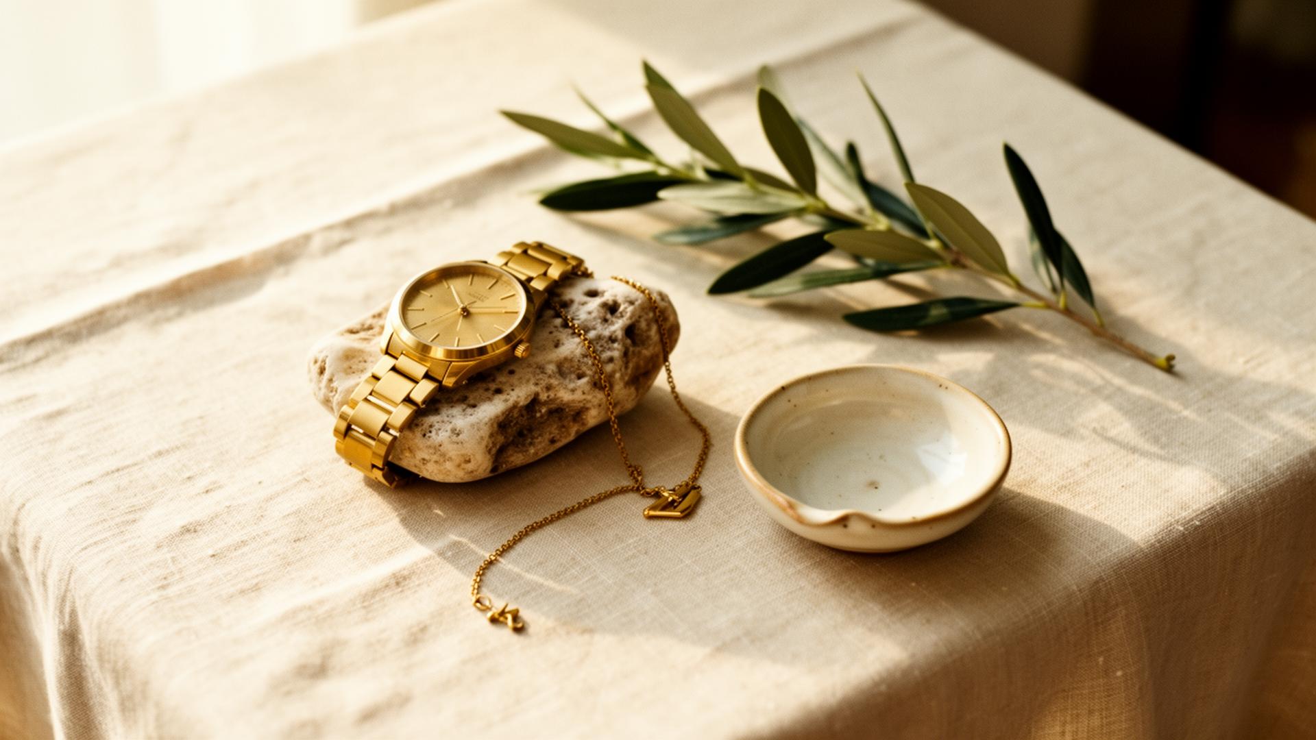 Editorial still life with gold watch, fine necklace and ceramic dish on linen